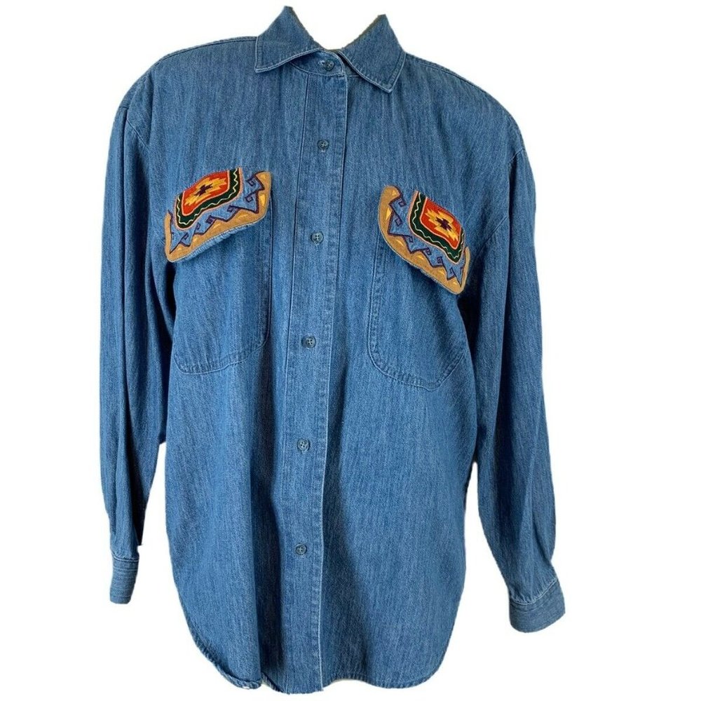 Hairston Roberson Camisa Women’s denim shirt southwestern  Vintage Size Small